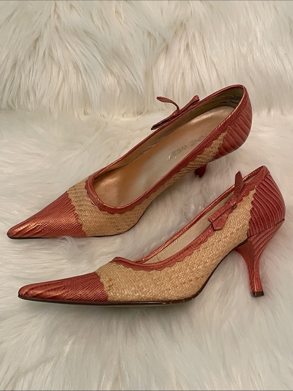 Nine West Metallic Coral and Natural Woven Pointed Kitten Heels 7 - Picture 1 of 8